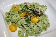 Fresh Arugula Pasta with Creamy Garlic-Mushroom Sauce