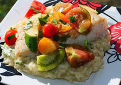 Pan Seared Fresh Halibut with Warm Marinated Heirloom Tomato & Baby Squash Salad