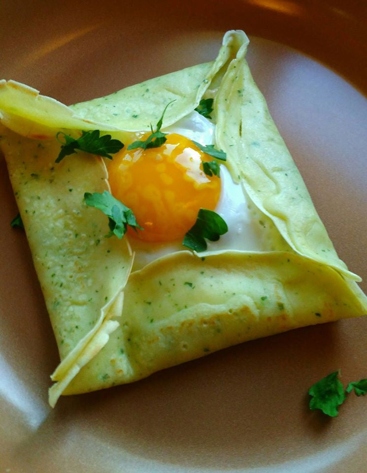 Savory Herb Crepes with Spinach Gruyere & Olive Oil Fried Egg