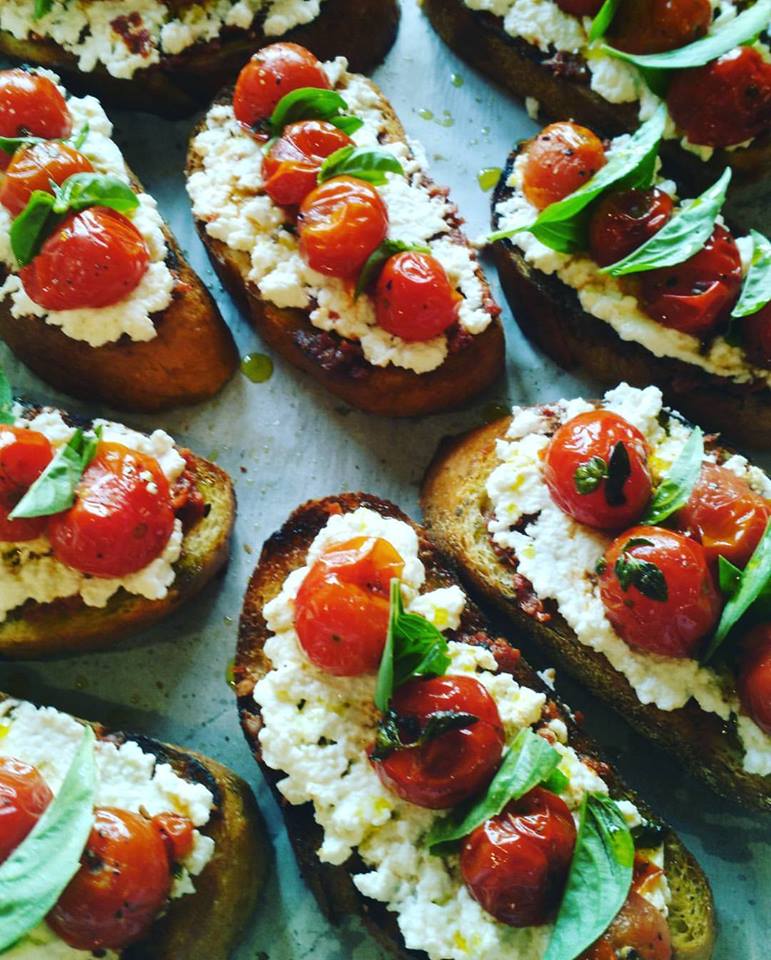 Roasted Cherry Tomato Bruschetta with Basil and Ricotta