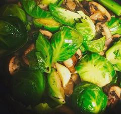 Caramelized Brussels Sprouts with Creminin Mushrooms & Pomegranate Balsamic