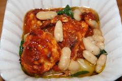 Chicken Polpettine in Spicy-Garlic Tomato Sugo over Smoky Cannellini Beans with Escarole